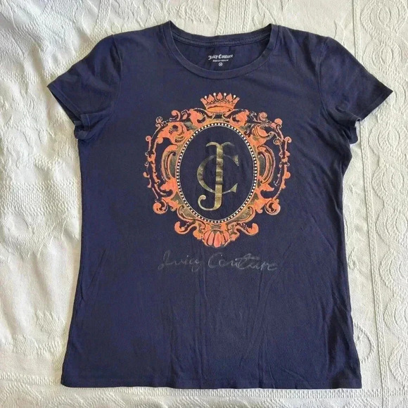 Y2K Juicy Couture Bedazzled Rhinestone Crown Logo Gold Pink Blue T-shirt Size M - Picture 11 of 12